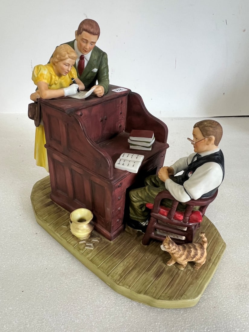 Gorham Norman Rockwell "The Marriage License" Figurine: Marked at the underside "The Marriage License" 1955. Numbered 1520/5000. 9.75"H by 10.75"W.