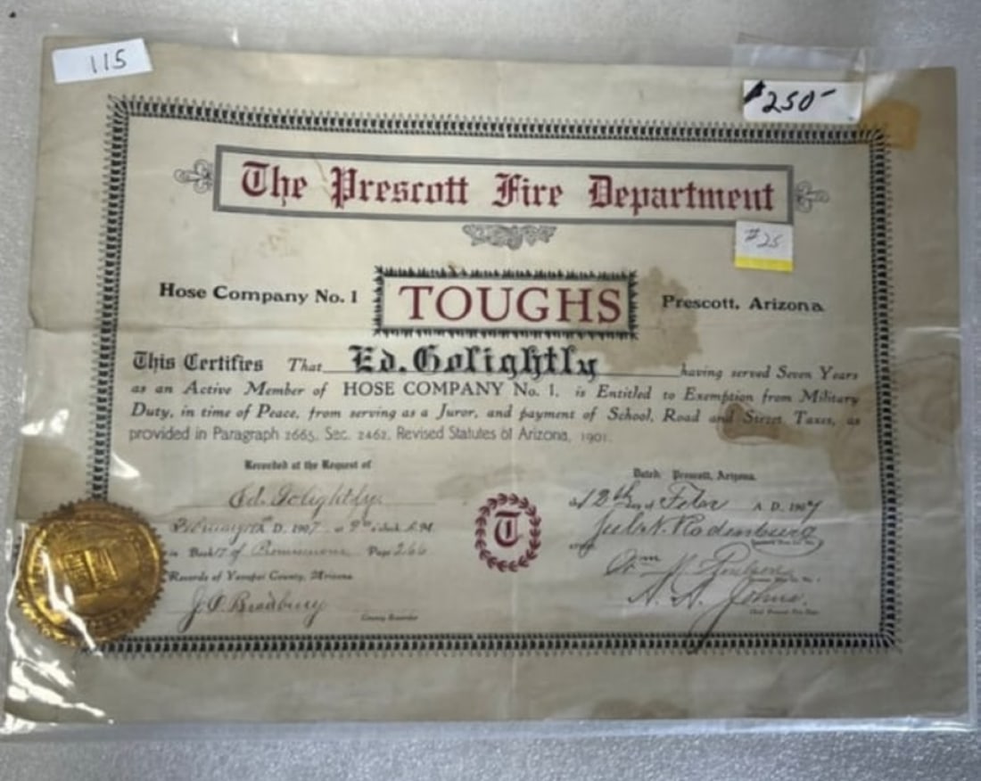 Member Certificate 1907 Prescott Fire Dept. (1 of 1)