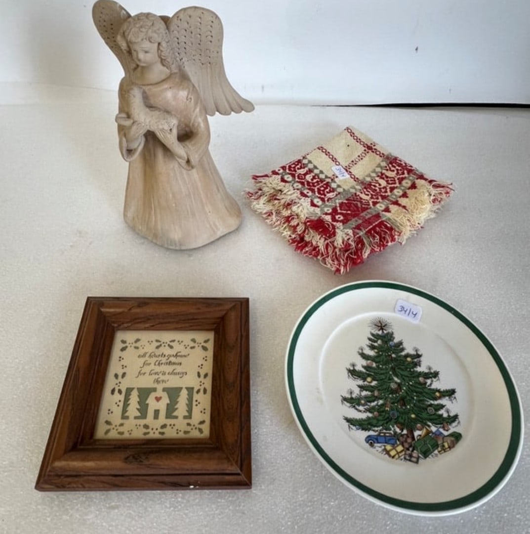 Vintage Lot of Holiday Collectibles (4): Plummer Christmas Plate; pottery angel figure, miniature sampler and a rug. Four items in the lot