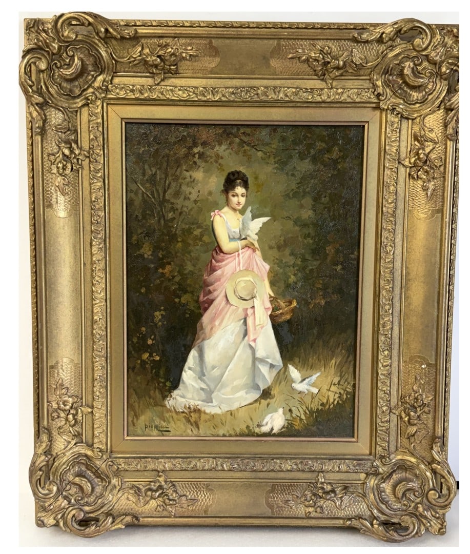 Pio Ricci; Italian Oil on Panel - Young Girl with Doves Signed: Oil on wood panel. Young Girl with Doves. Signed lower left. Housed in a heavily ornate gilt frame; 16in. x 12in.(image), 25in. x 21in.(framed)