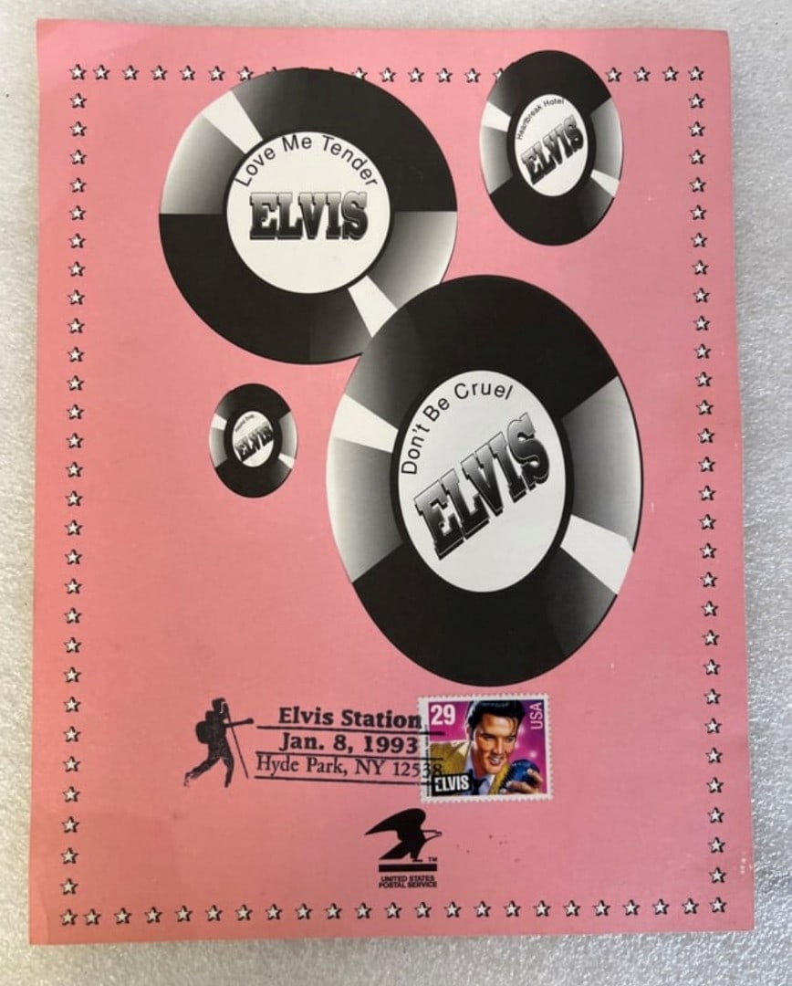 Postal Service Elvis Poster: Elvis Station. Jan 8. 1993 Hyde Park NY with depictions of four of his records and 29 cent Elvis USA stamp 11" x 9"