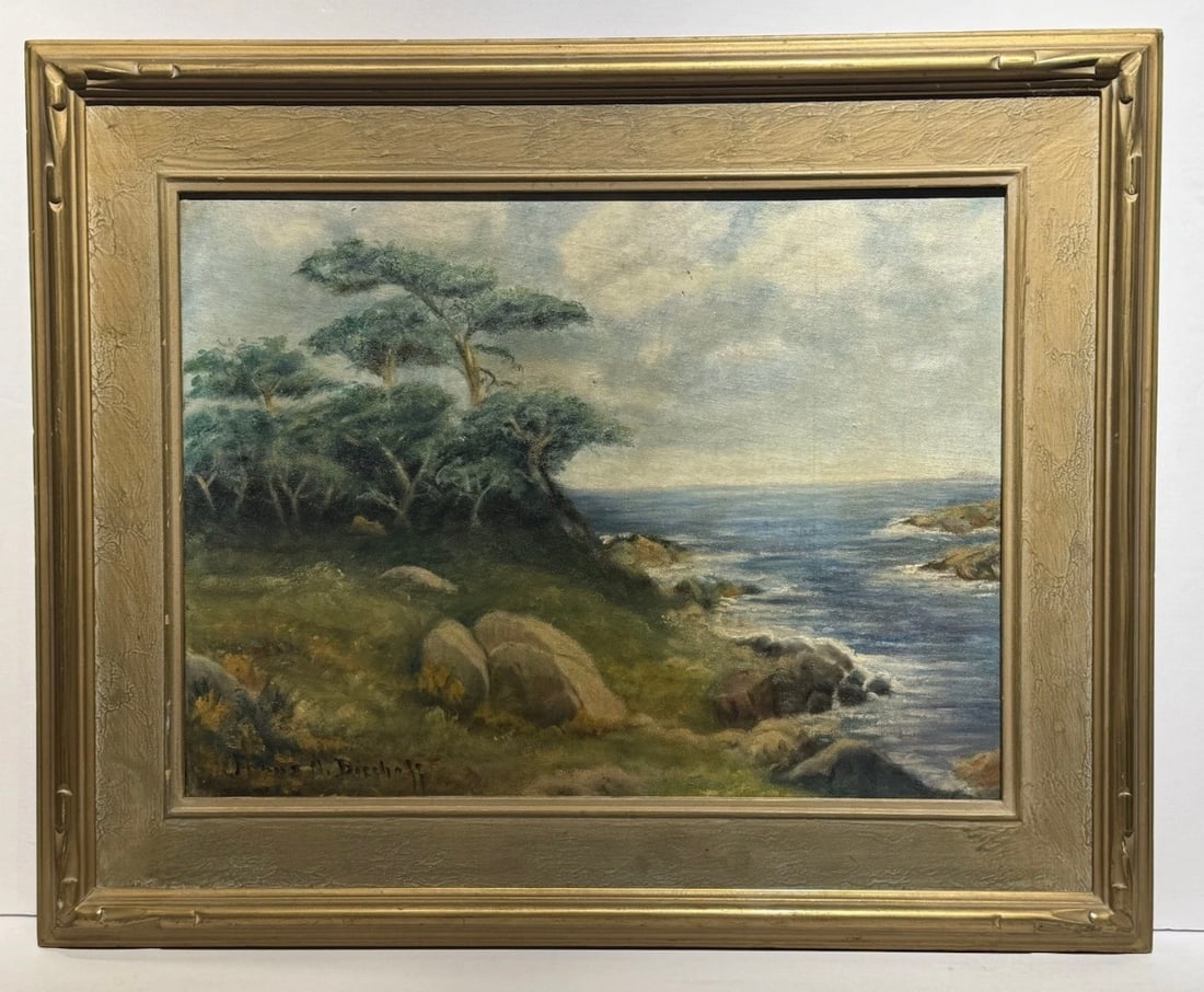 Franz A. Bischoff; American Oil Monterey Coast Signed: Franz A. Bischoff(1864-1929); American oil on board. Monterey Coast. Signed lower left; 12in. X 16in.(image), 17.25in. x 21.25in.(framed) Housed in a period hand carved frame