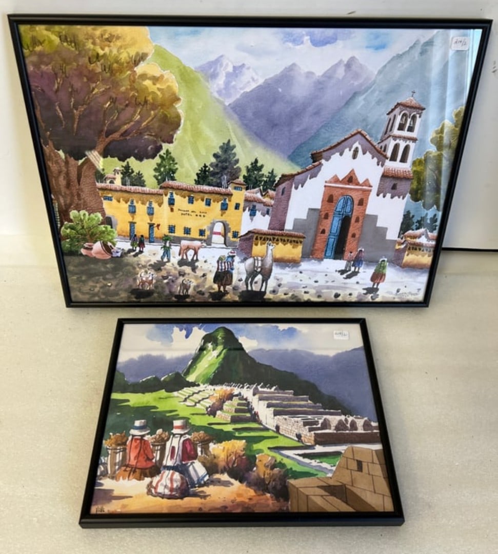 Peruvian Watercolors Street Scenes (2): Smaller one is 10”H by 13”W. Signed Valle lower left. The larger on is 14”H by 20”W. Signed lower right “Juana-P Urubamba- PERU”