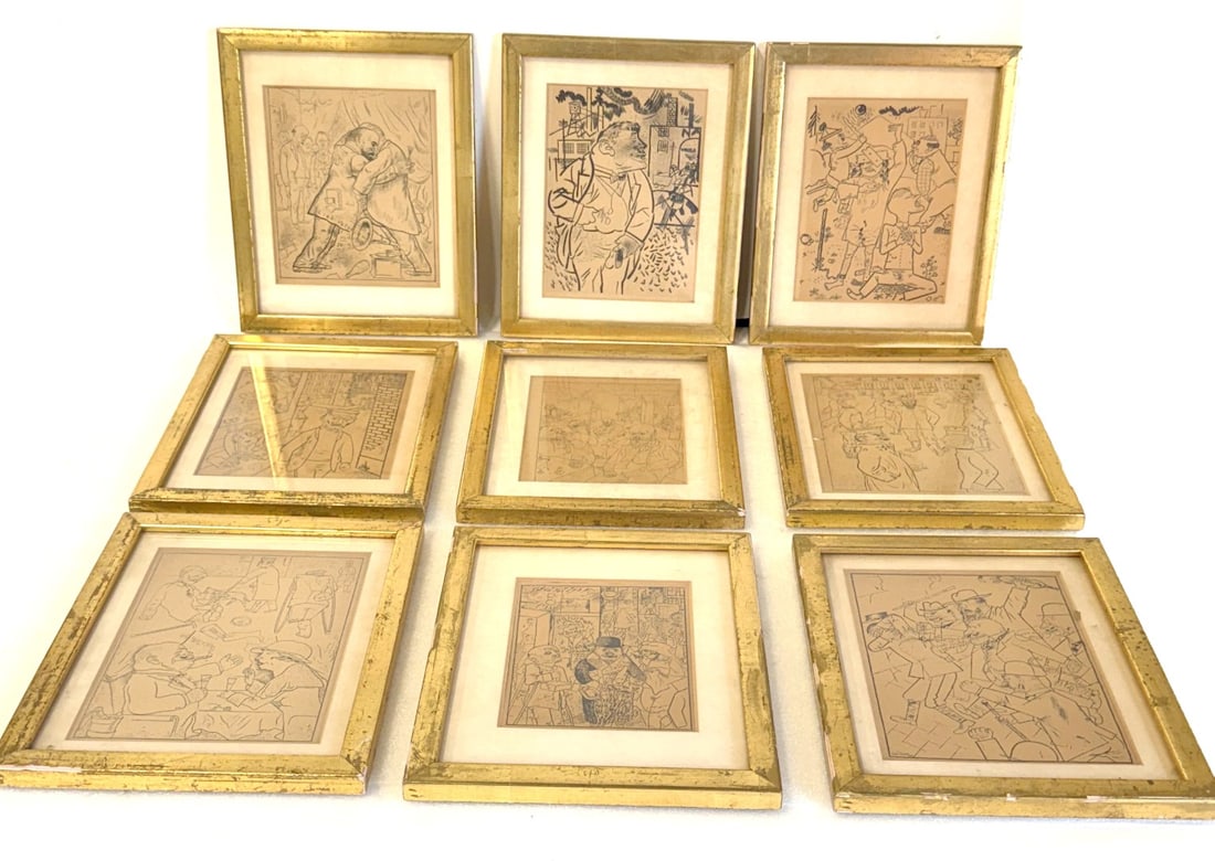 George Grosz; Important Set of Nine(9) Framed Lithographs: George Grosz(1893-1959) Set of nine(9) framed lithographs. 1922 portfolio of lithographs, often published in Berlin, 1923 by Malik-Verlag, Including Die Rauber(The Robbers), which adapts Friedrich