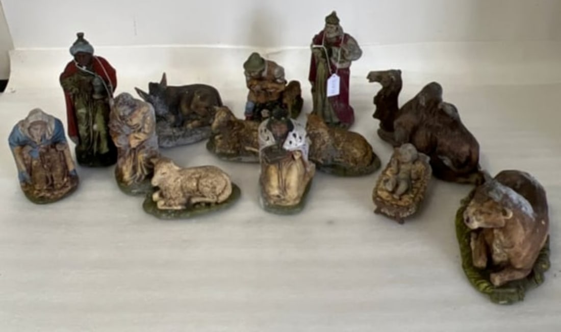 Nativity Set (13): As pictured. Largest 10 1/2” H smallest 4” H lightweight pottery