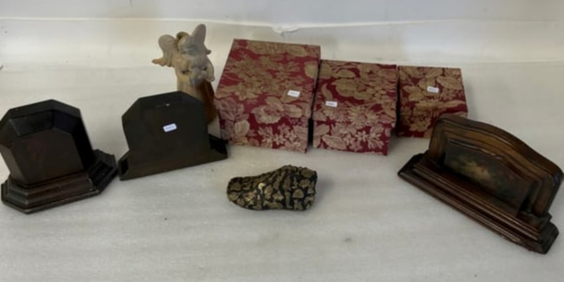 Collector or Dealer's Lot Antiques (7): Three fabric covered antique boxes; a pr. of wooden bookends, a Guatamalen pottery angel candlestick; a wooden shoe covered with a multitude of brass figures; a solid wooden bookend had painted with