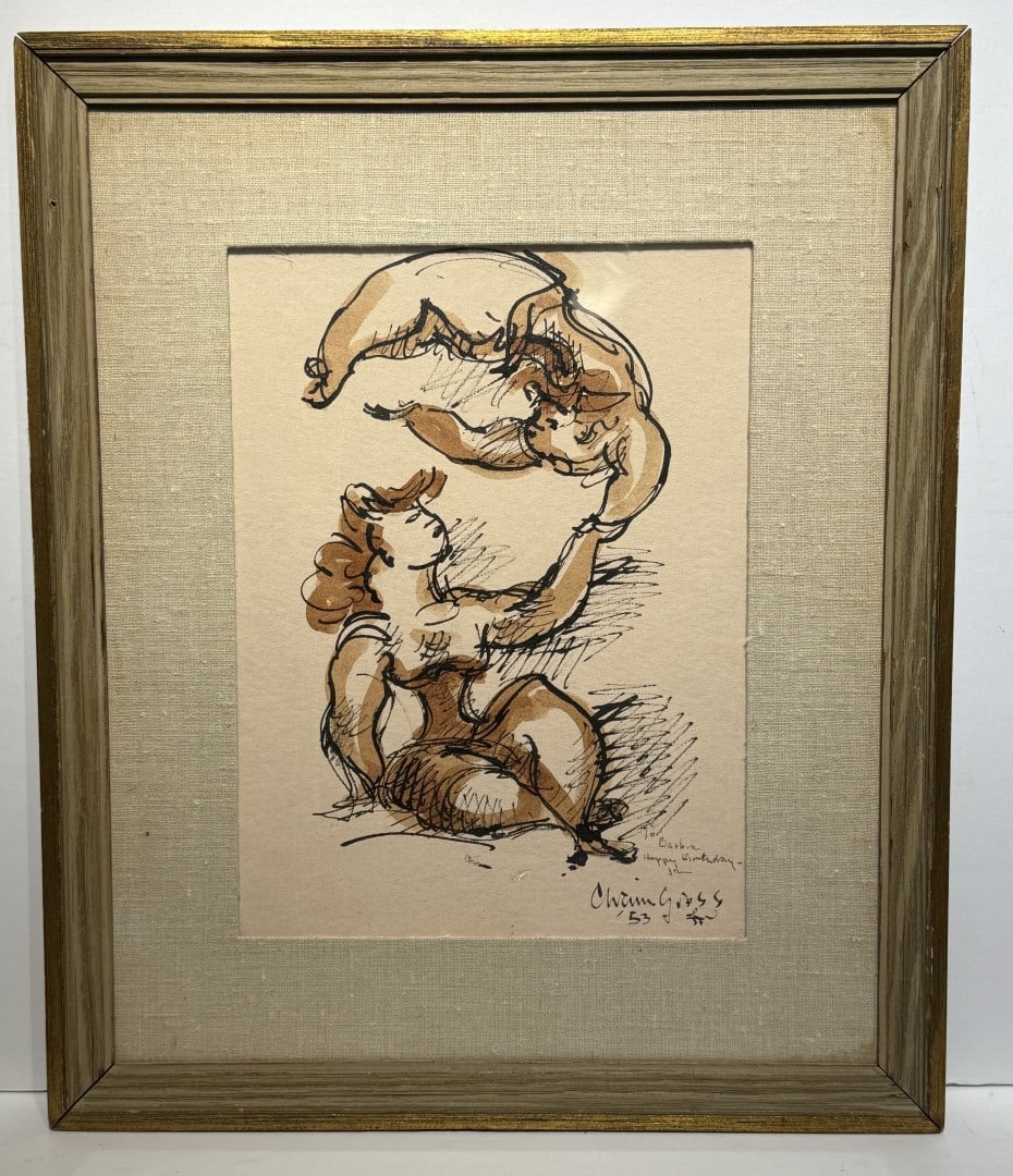 Chaim Gross; 20thC. American Modernist Watercolor and Ink Two Acrobats Signed: Chaim Gross(1904-1991); 20thC. American Modernist Watercolor and Ink on paper. "Two Acrobats" Signed lower right, Dated 1953 and inscribed. Provenance: Freeman's Auction, PA. 2011 with label on revers
