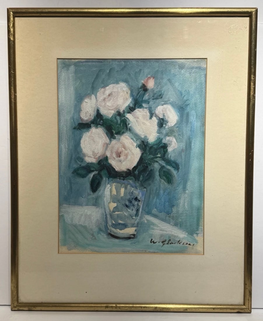 William J. Glackens; Important American Gouache Flowers In A Vase Signed: William James Glackens(1870-1938); Important American gouache on board. Flowers In A Vase. Signed lower right;13.5in. x 10.25in.(image), 20.75in. 16.75in.(framed)