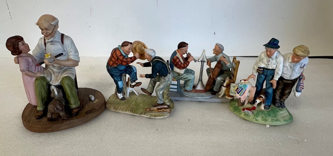 Norman Rockwell Figures (4): The Toymaker, Fall : Fancy Footwork; Winter,Canine Solo and Spring Sweet Surprise. 6" to 41/2"