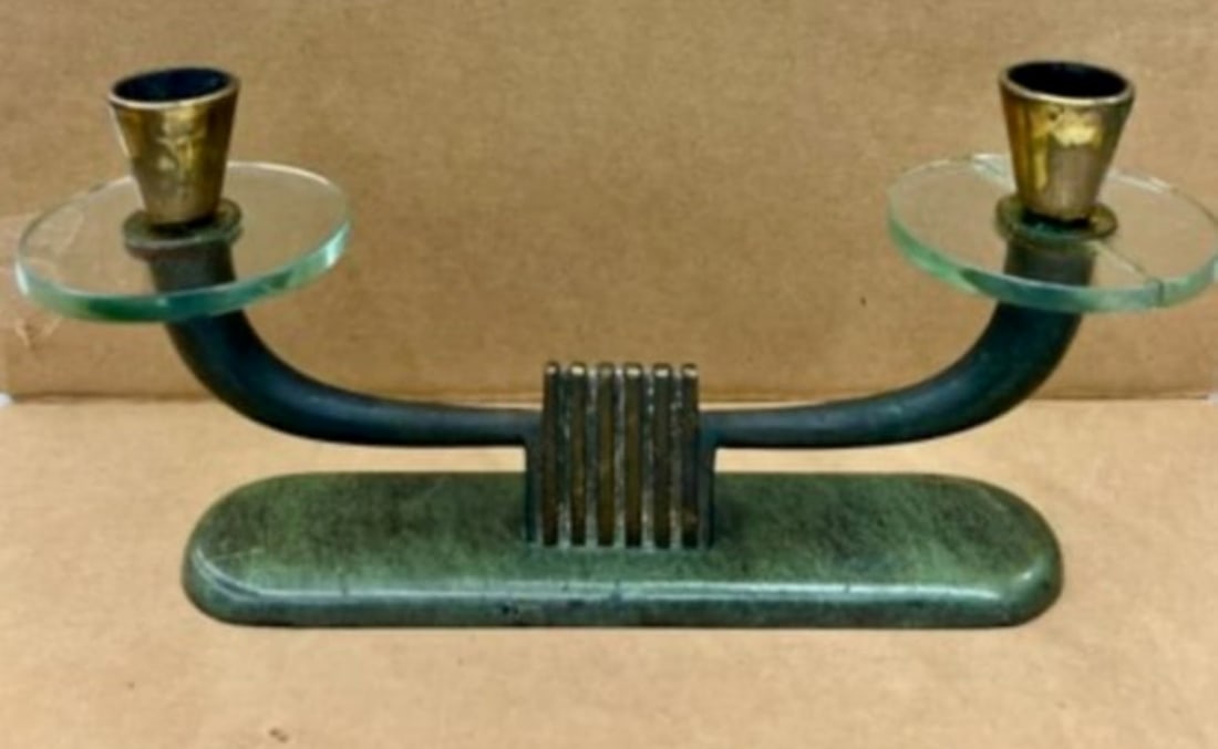 Vintage PAL-BELL Israel Candle Holder: One of the glass pieces has been glued *together. Marked "PAL-BELL CO Made in Israel" at the underside. 4.5"H 9.75"W.