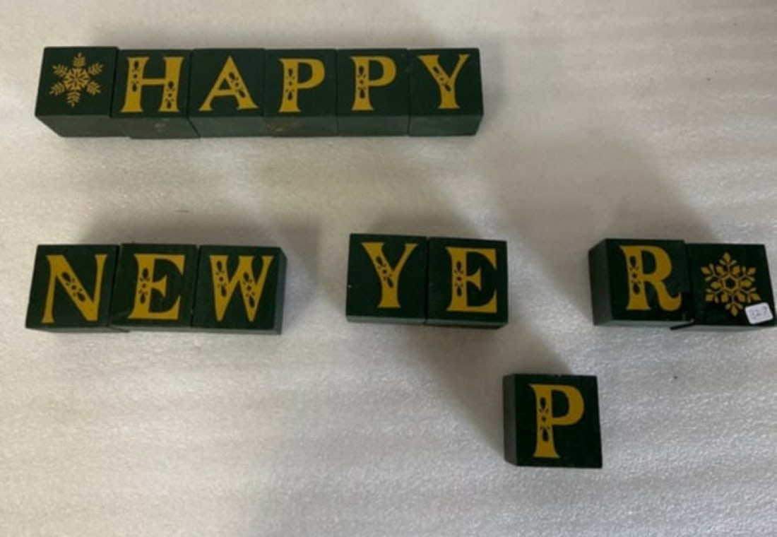 Merry Christmas/Happy New Year Wooden Blocks: Hand Painted. One side for Christmas. One side for the New Year. 2 1/2" square. Missing an A for Happy New Year but can use A from Merry Christmas.
