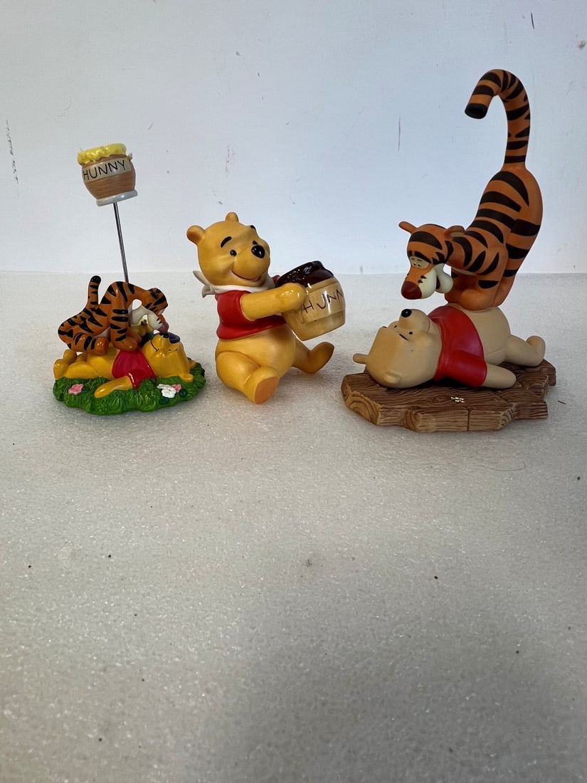 Winnie The Pooh Figures (3): Marked at the bottom. Disney, 6 1/4"H to 3 1/2"J