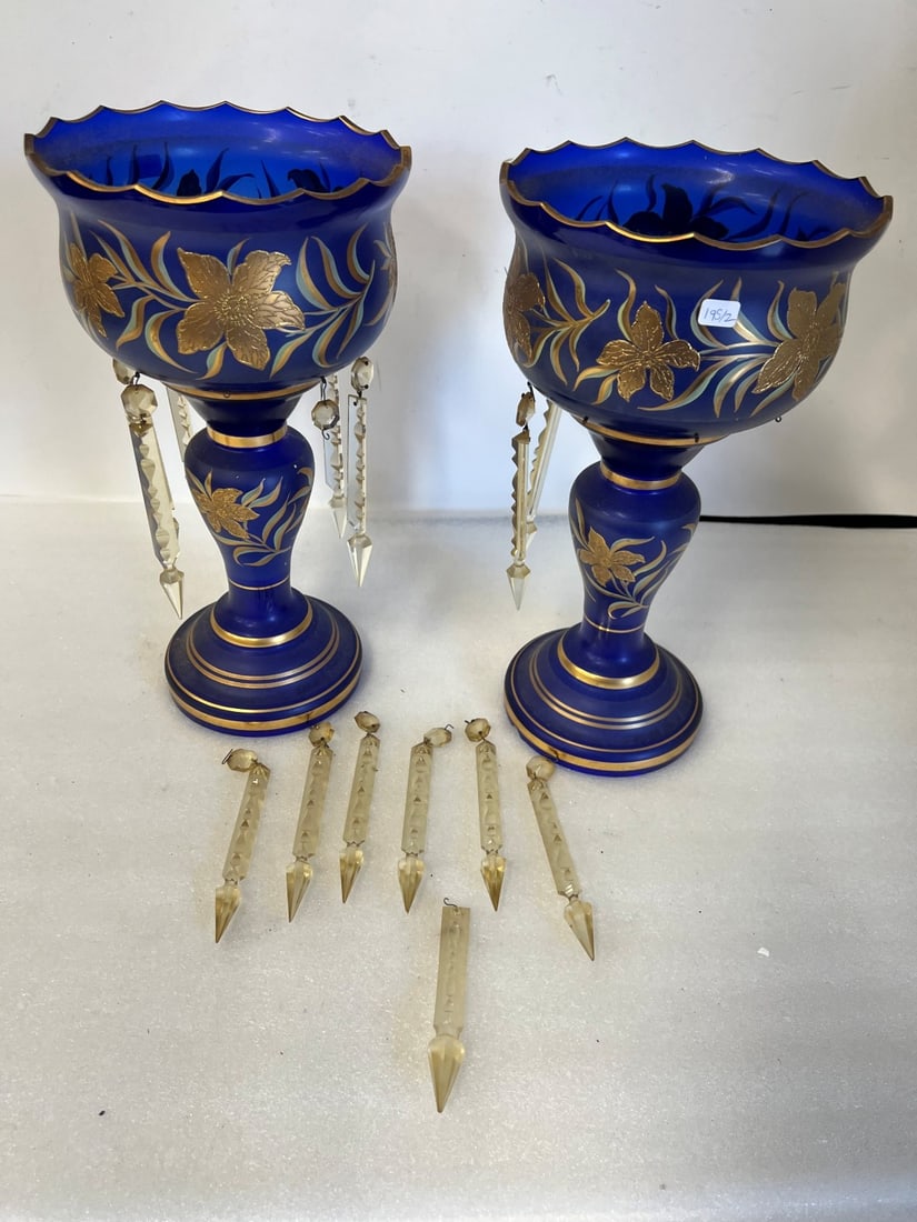 Pr. Antique Blue Glass and Gilt Overlay Lamps. (1 of 1)