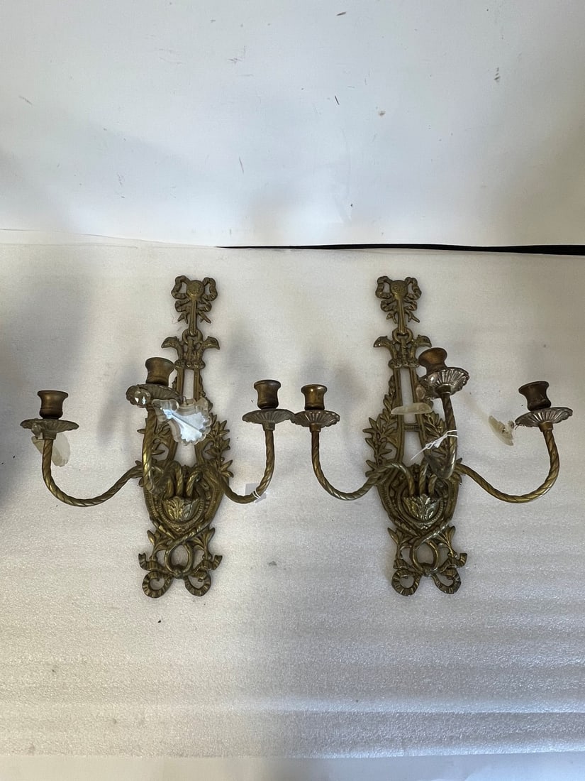Pr. Bronze Three Lite Wall Sconces: With prisms as pictured 18"H