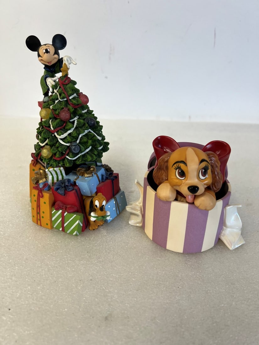 Disney Dog in a Box & Mickey & Pluto Music Box: Lady and The Tramp "A Perfectly Beautiful Little Lady" and a Mickey Mouse and Pluto decorating the tree battery operated figure. Two in the lot