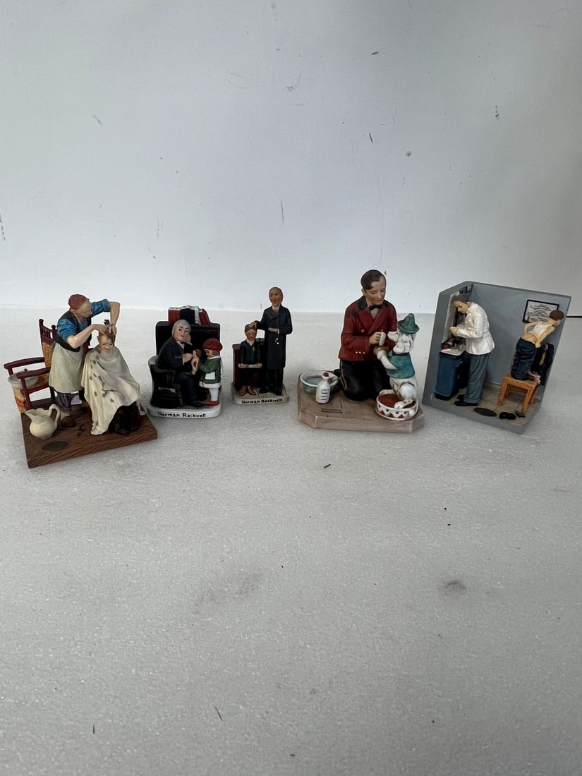 Norman Rockwell Figurines (5): As Pictured. 5 in the lot. "While the Audience Waits", "Before the Shot", "The Haircut", and 2 others. Smallest is 3.5"H and tallest is 5"H.