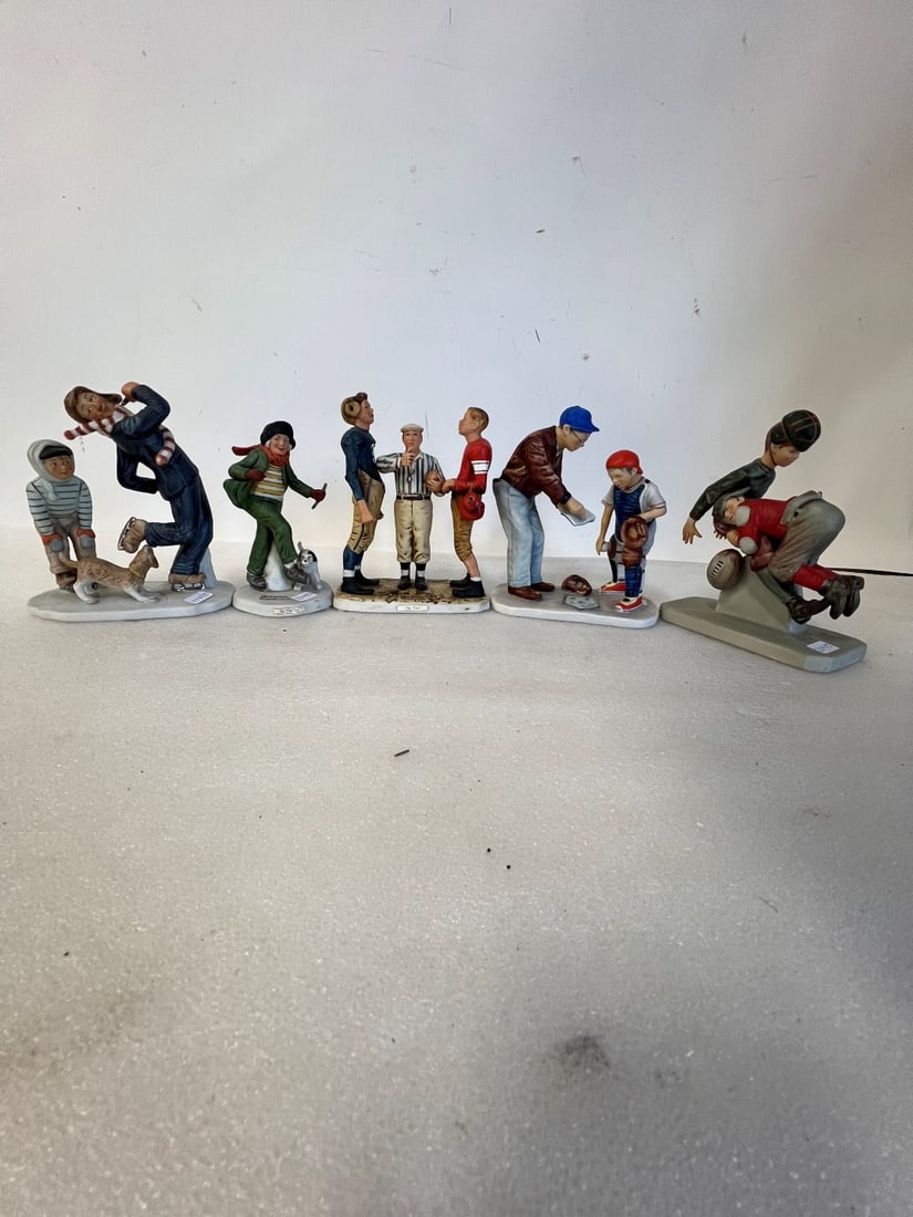 Norman Rockwell Sport Figurines (3) and two others: As pictured. Tallest is 6.5"H. Smallest is 5.5"H. Lot includes "Tackled", "The Toss", "Big Decision" and 2 others ("Gay Blades" and "On the Ice")