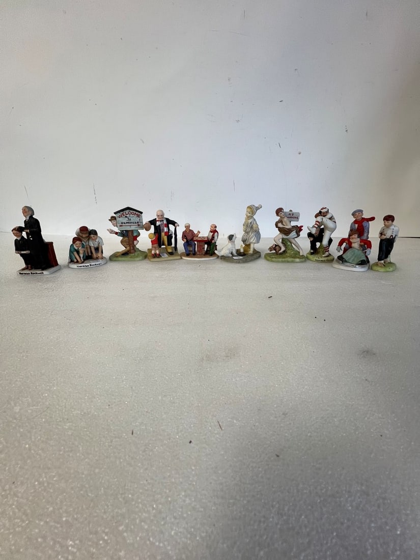 Collectible Figures Inc. Rockwell, Coca Cola and others (10): Men playing Chess (Coca-Cola).; Mother Goose, ; Skaters (Danbury Mint); Speed Trap, Welcome to Elmvile (also Danbury Mint) N0 Swimming and Playing Marbles as well as four others. Ten in the lot.