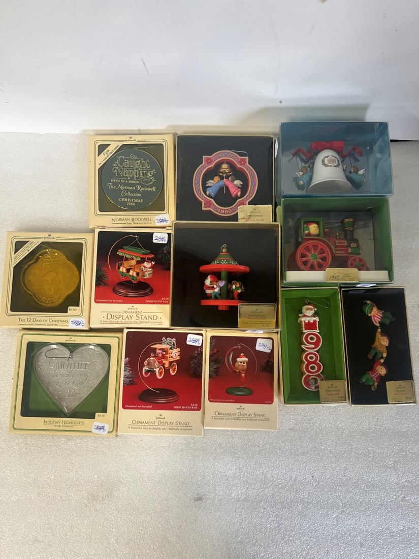 Hallmark Holiday Lot (12): Lot includes: "Santa's Express", "Heavenly Sounds", "Merry Carousel", "Elfin Antics", "Santa 1980", and "The Bellringers". All dated 1980. Three ornament display stands(without the ornament). Three ac