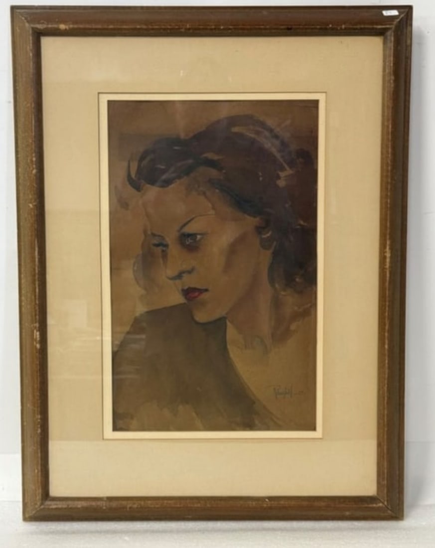 Rohnghild; Watercolor Portrait of a Woman Signed and Dated '39: Watercolor on paper. Portrait of a Woman. Signed lower right and dated '39; 17.5in. x 10.5in.(image), 26.5in. x 20in.(framed) creasing and tears to paper