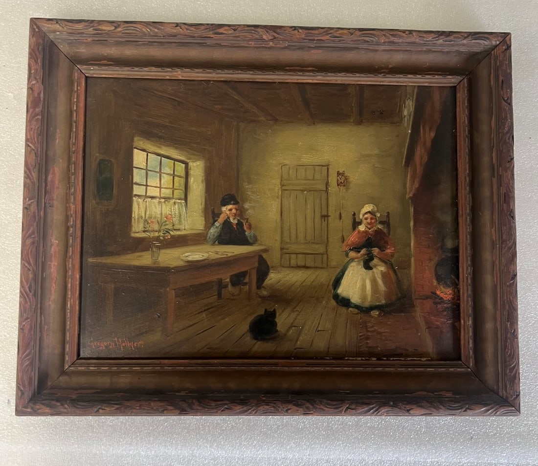 Gregory Hollyer. Oil on Board. Signed: Woman knitting.Sgd.L.L. Framed size 12 1/4" x 15"