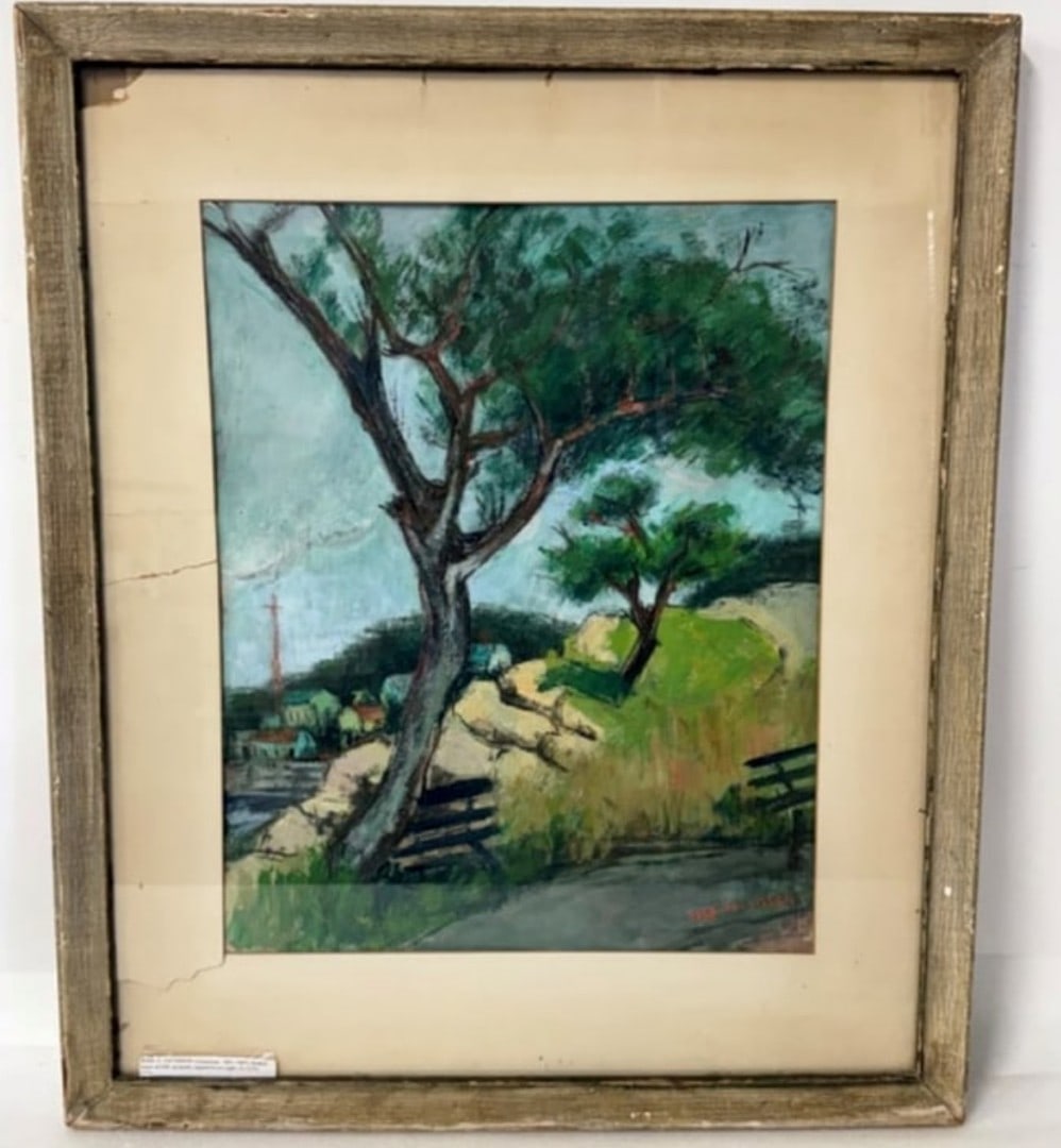 Rose A. Jacobsen; 20thC. American Modernist Gouache Signed: Rose A. Jacobsen(1891-1987) gouache on paper. Broken Fence. Signed lower right; 21.5in. x 17in.(image), 31.5in. x 26.5in.(framed)