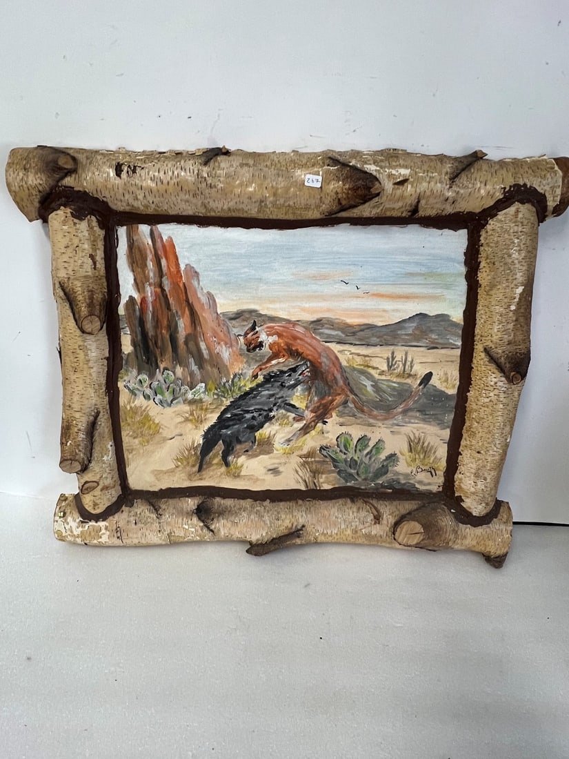 Beuth, E. Oil on Board, Hyena.: Unusal Bark Frame. Some imperfetions.Will be visible in picture 21 1/2"h x 26 1/4"
