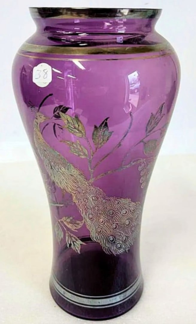 Amethyst Art Glass Vase Silver Overlay: 12:H. Most minor chip outer rim.