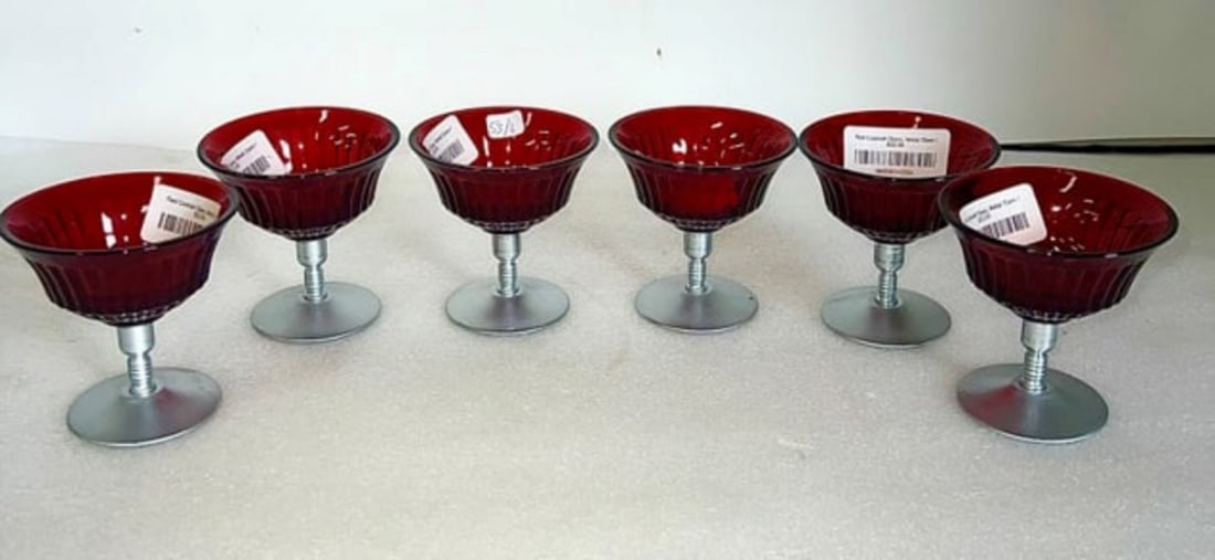Antique Red Cocktail Glasses or Sherberts (6): Stemmed in white metal and ribbed red bowls.Six in the lot