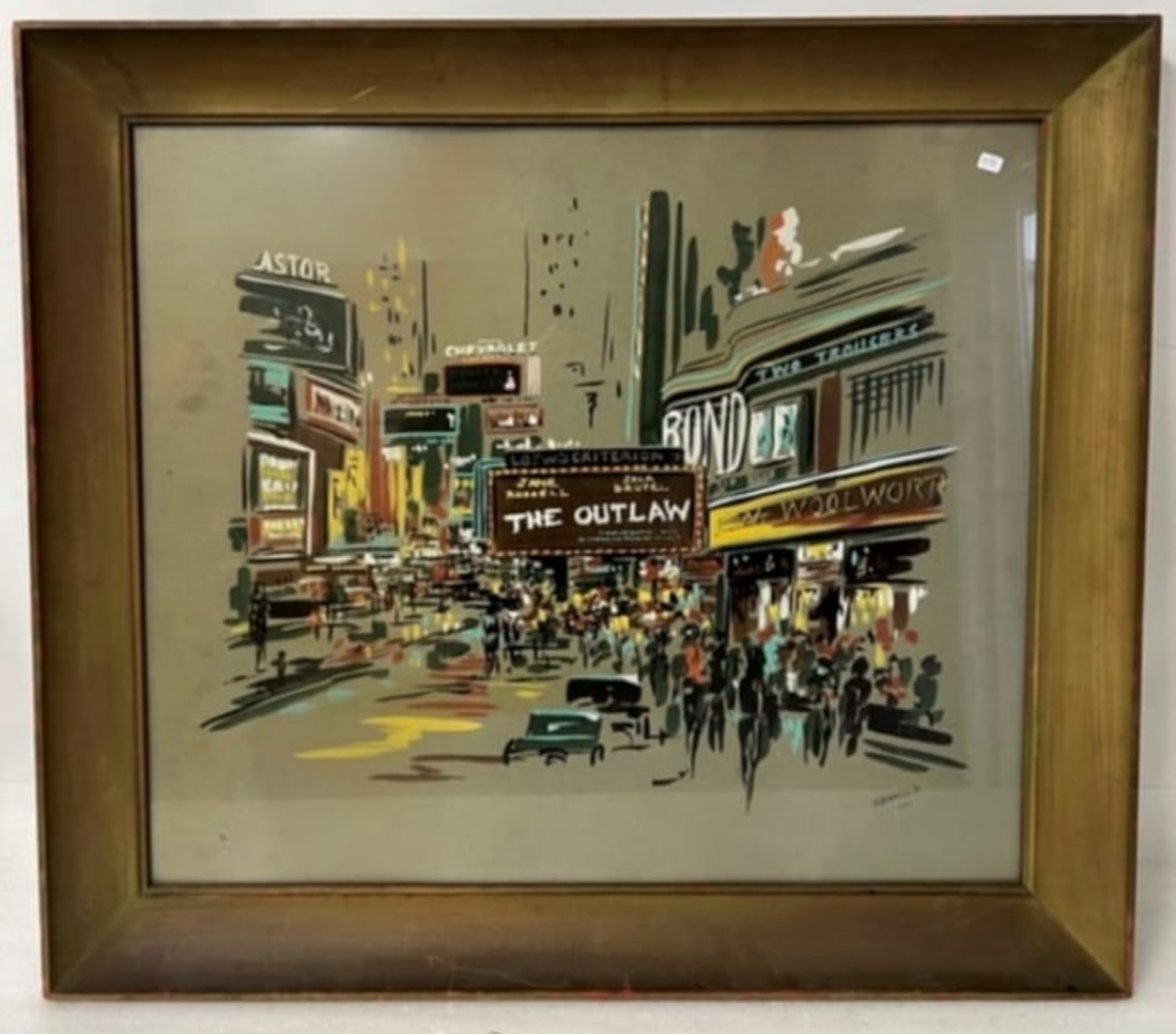 Renauld. Mixed Media. Times Square Sgd: Sgd. L. R. 26" x 30" (Artwork itself)Framed . Signed L. R. Renauld. Busy NYC Street Scene