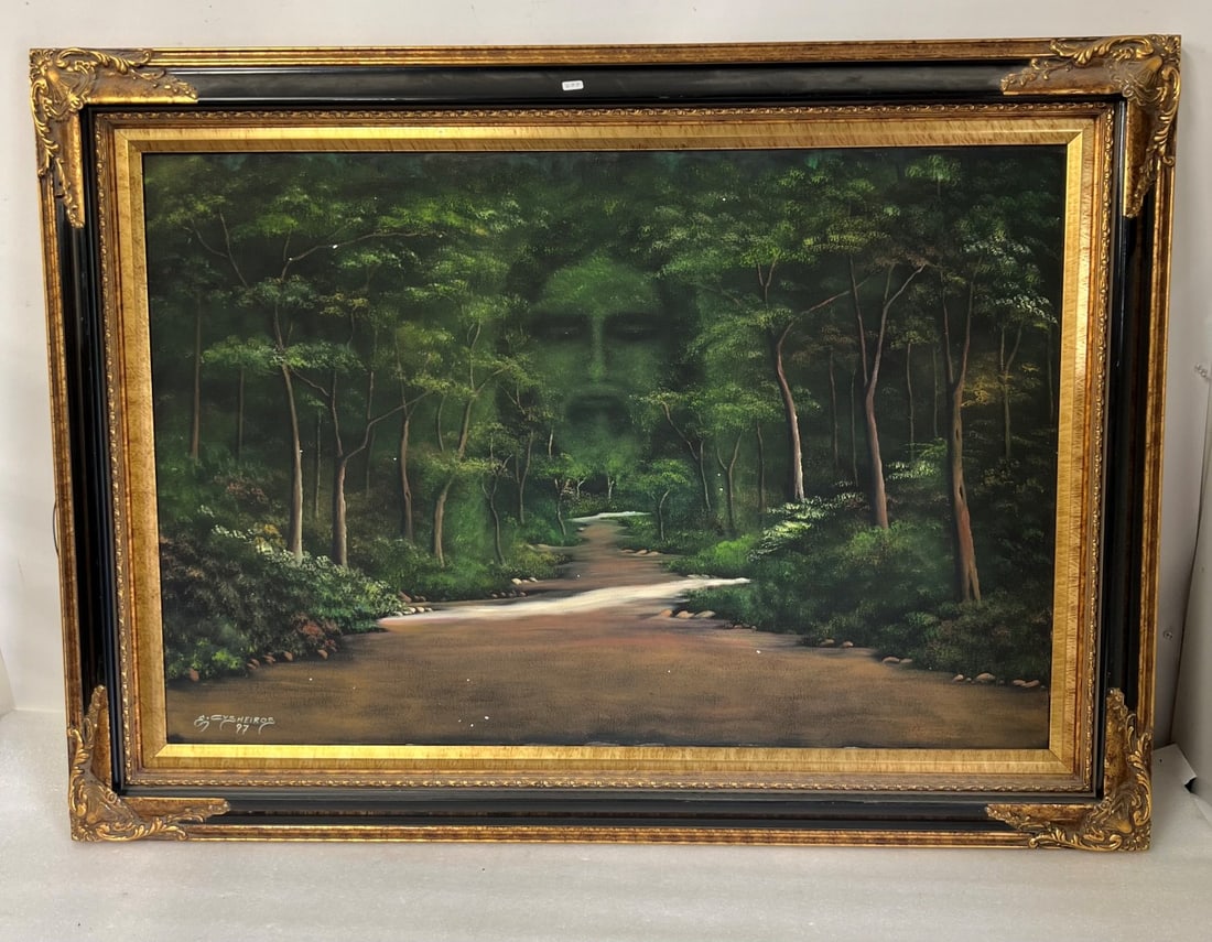 Cysneiros '97 Oil Landscape: Head of Christ appears in green landscape at top. Framed in antique frame. 31 3/4 x 43 1/2"