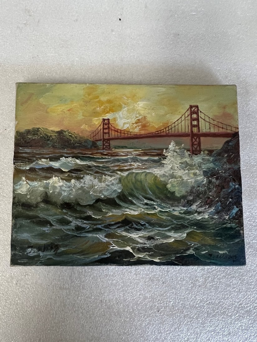 T Weng. Oil on Canvas. Bridge Above Choppy Waters, Sgd. (1 of 2)