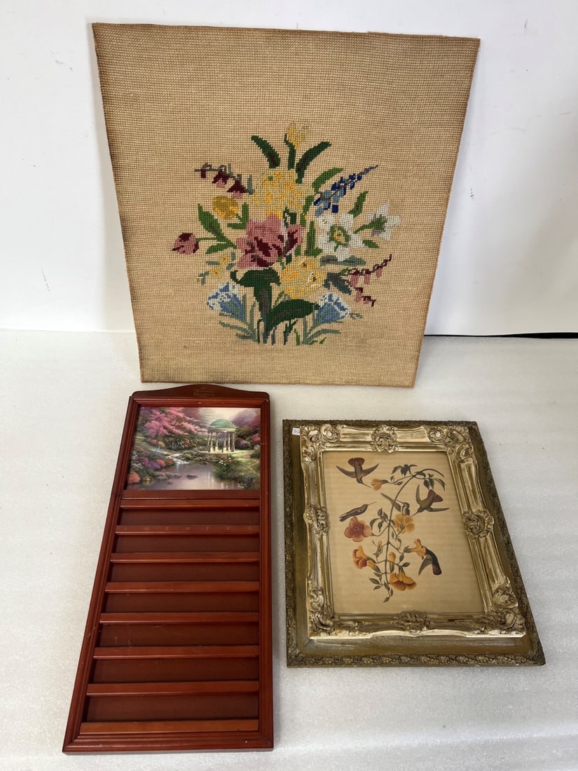 Dealer's Lot of Antiques, Needlepoint, Mirror and Birds (3): Needlepoint, unframed; mirror and bird print in ornate antique gilded frame