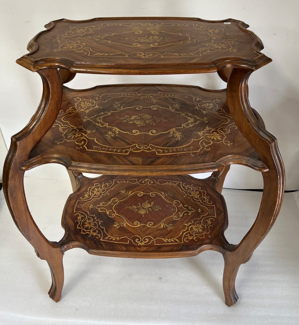 Antique Marquetried Triple Tiered Table: as pictured