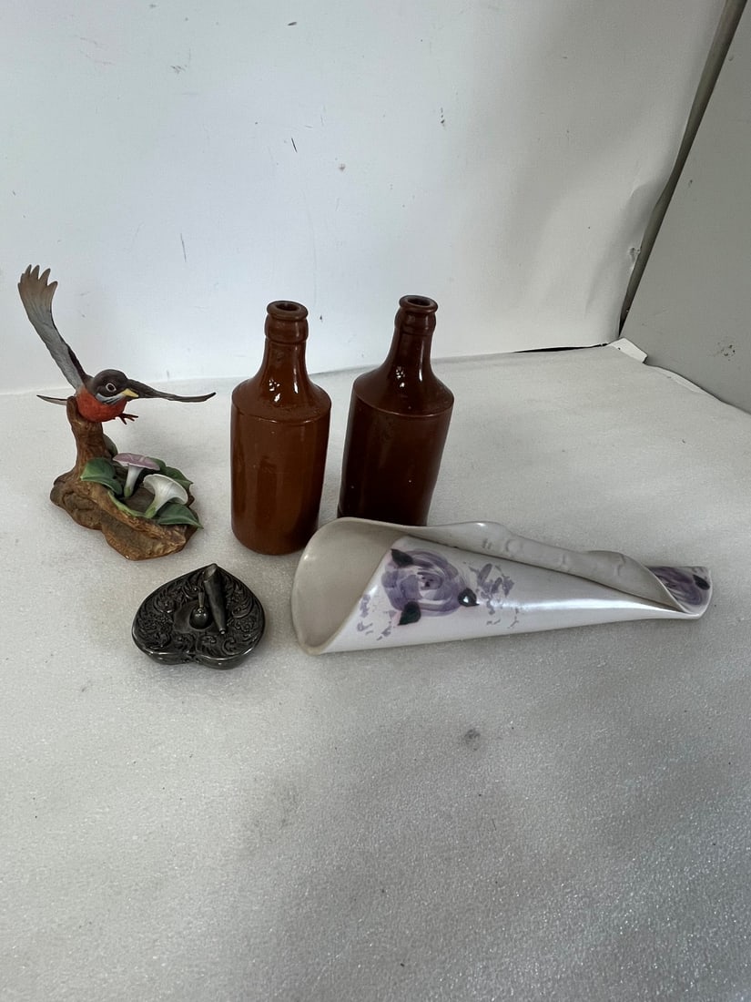 Collector or Dealers Lot of Antiques (5): A pr of brown stoneware bottles; a Victorian silverplate heart shaped pen holder (pen holder separate); a Canadian artist sgd. wall vase an Andrea Sadek Robin with Morning Glory vase (most minor flake