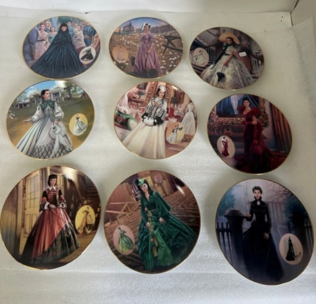 Bradford 1994 Gone with The Wind Plates (9): As pictured"All plates are 8.25” im diameter. Lot includes: “Paid Business Attire”, “The Country Walking Dress”, “Widows Weeds”, “The Green Drapery Dress”,