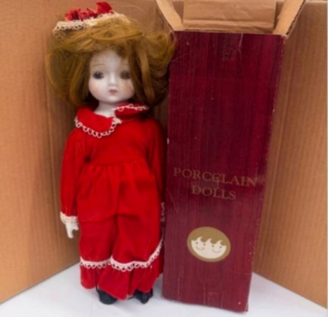 Collectible Vintage Porcelain Doll In Red Velvet Dress (1 of 3)