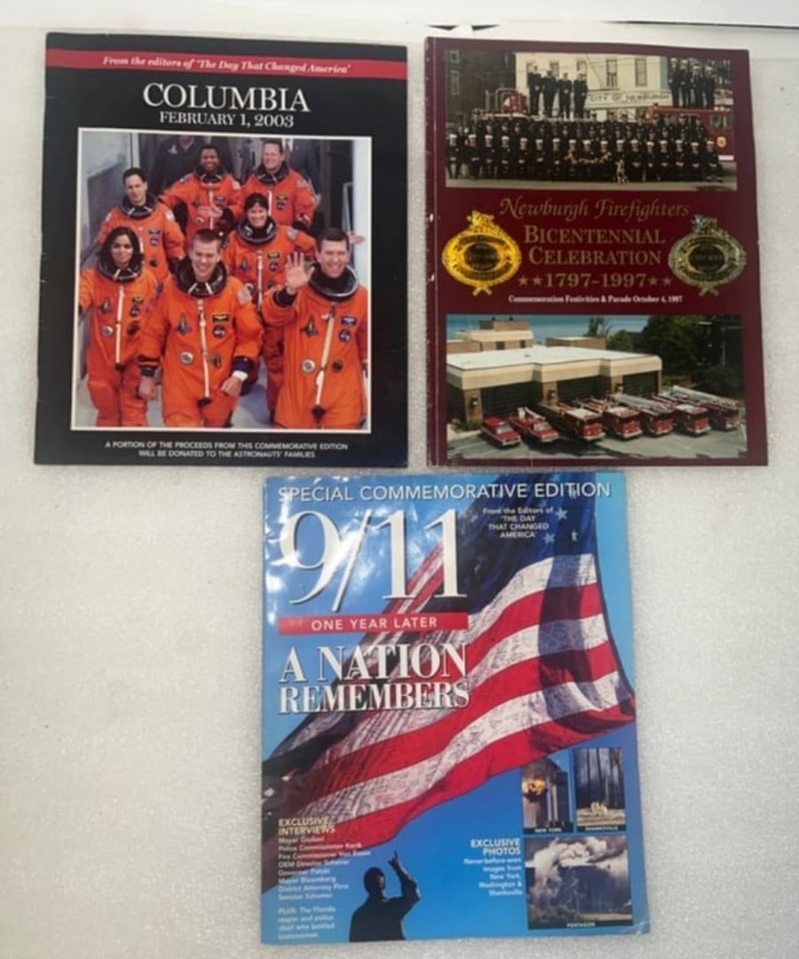 1997 Newburgh Firefighters Bicentennial Book & Others (3): 1797-1997 Newburgh Firefighters Commemoration Festivities and Parade Book, Oct 4 1997 and two others, Columbia, Feb. 1, 2003 and 9/11 One Year Later A Nation Remembers Two magazines and soft cover boo