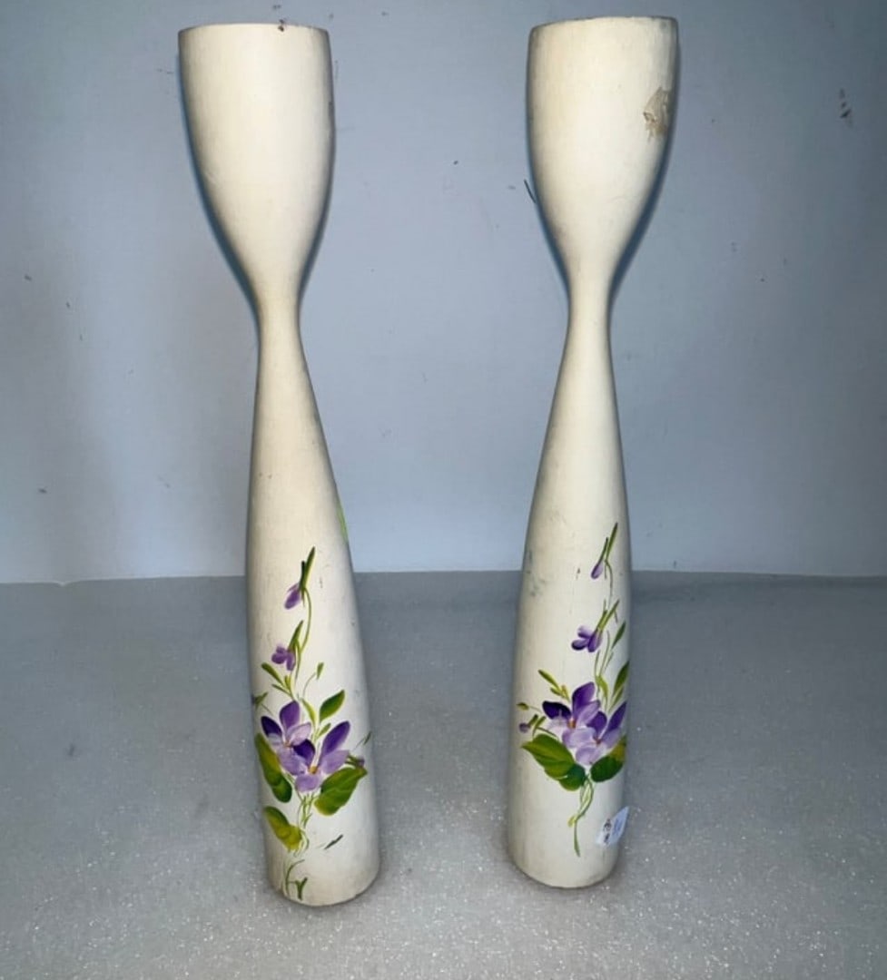 Pr. Danish Hand Painted Wooden Vases: Floral decorated with purple flowers 11 1/2"H