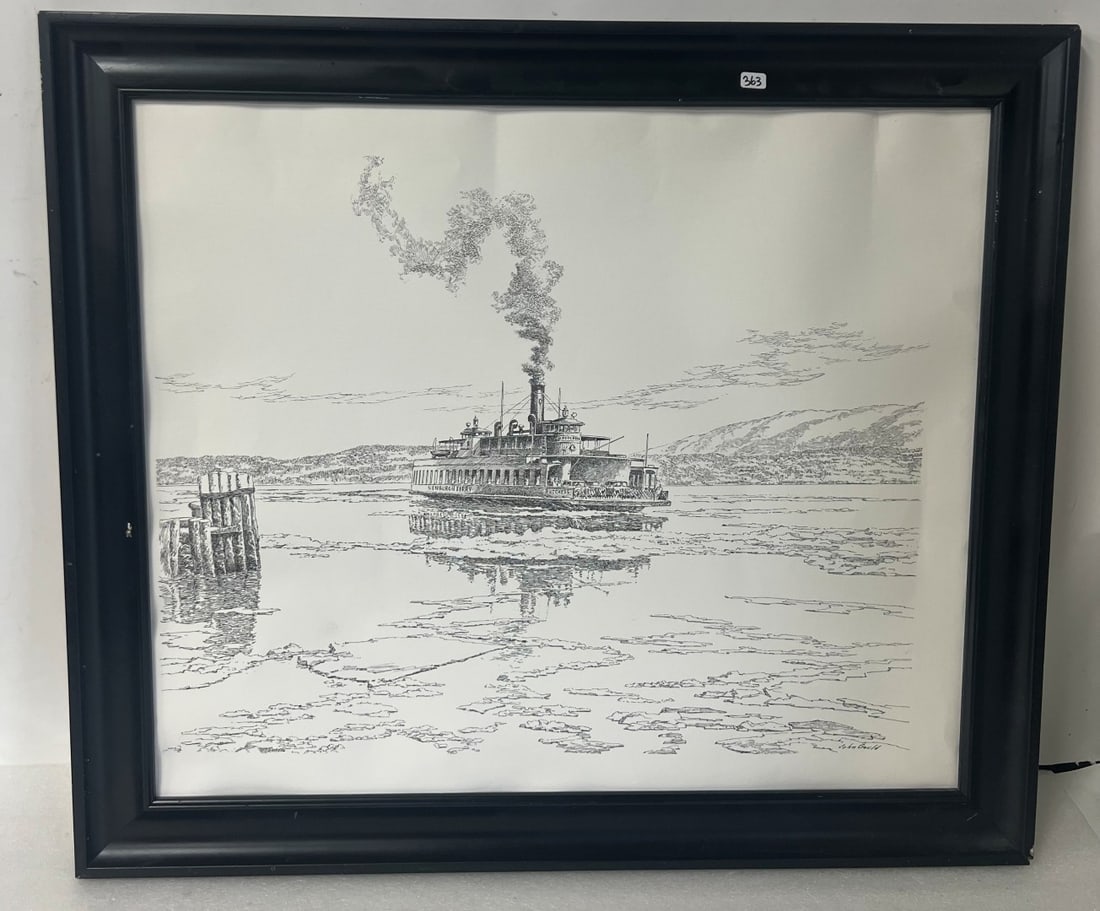 Engraving Newburgh Beacon Ferry: Framed. Ferry marked at the side. Newburgh Beacon Ferry 26"H x 30"