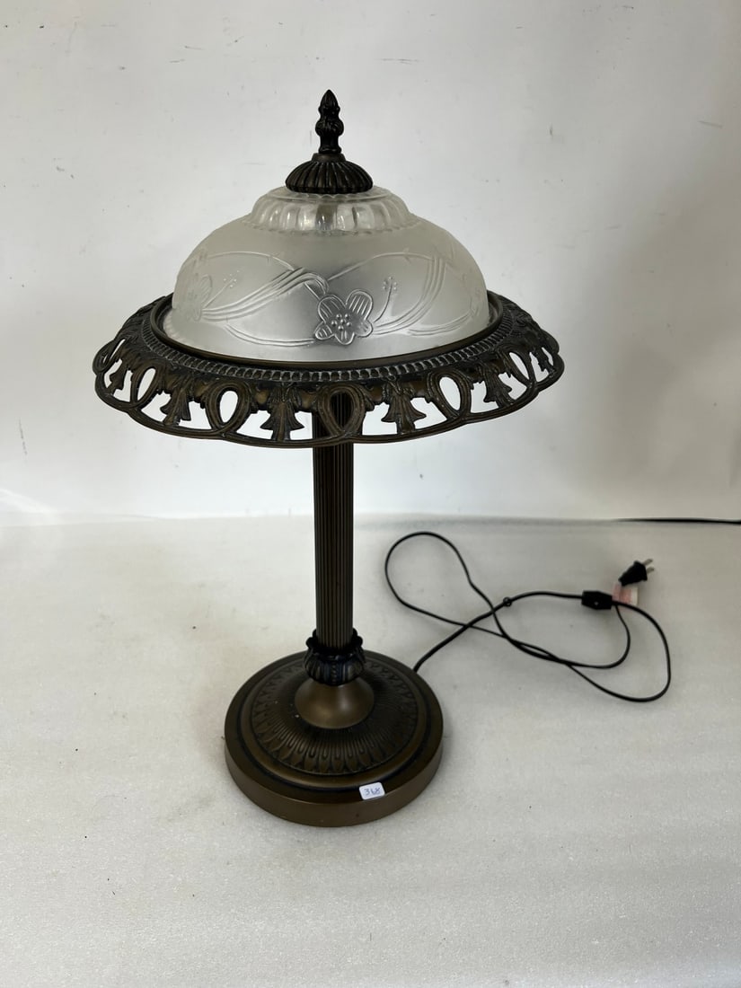 Antique Table Lamp Frosted Shade: Openwork Metal Border 20 1/2" H