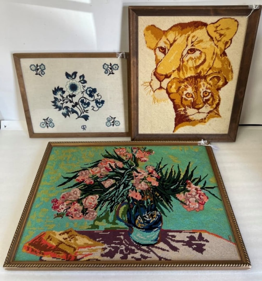 Needlework Pictures, Lion & Cub and two Florals (3): Three needlework pictures, Lion and Cub, Two florals. Both florals are framed Multi Colored larger needlework is exceptional 20 1/4" x 27 3/4" to15"H x 18 1/2 D