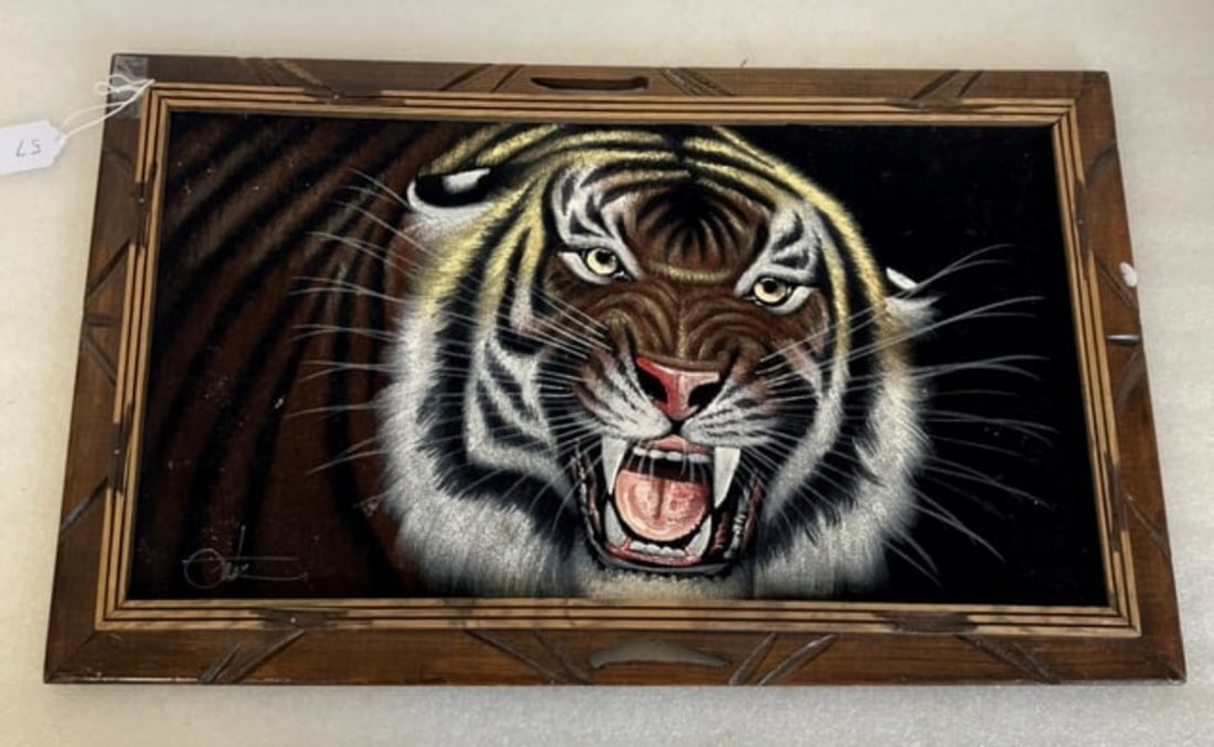Signed Oil on Canvas . Roaring Lion: Sgd. indiscerniby lower left. Framed 13 1/2" x 22 1/2"