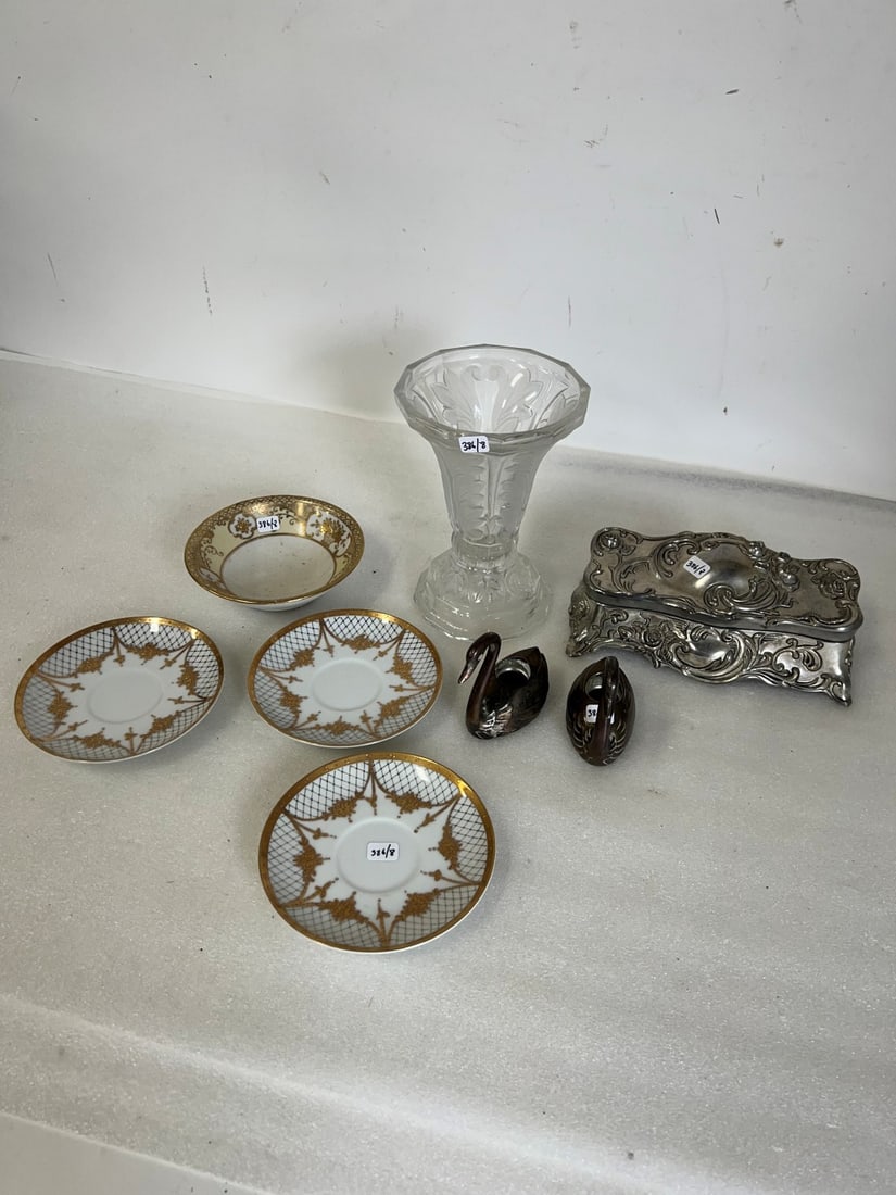 Collector or Dealer's Lot of Antiques and Collectibles (8): Crystal vase, Noritake bowl, three gilt rimmed saucers, Pr of swan candleholders, Silver Plated Jewelry box,