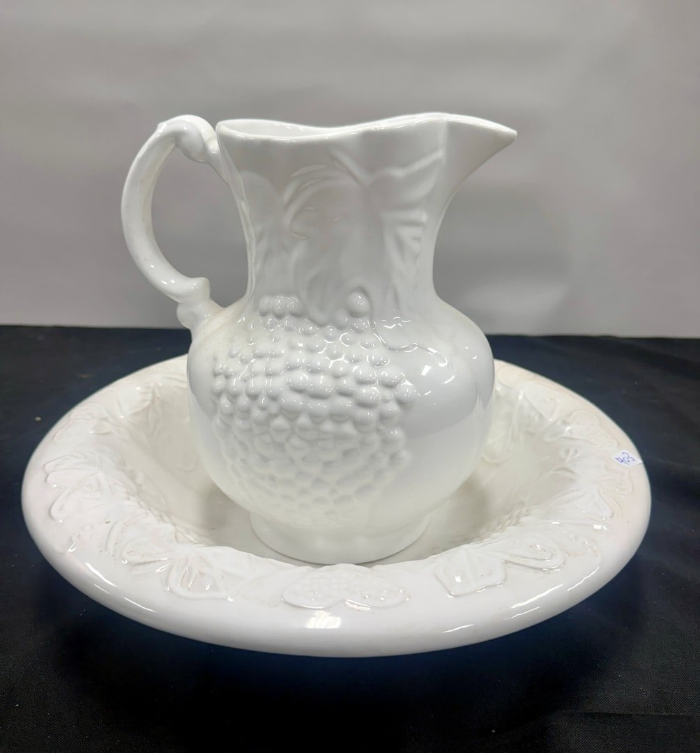 Ironstone Pitcher and Bowl: Grape Decorated