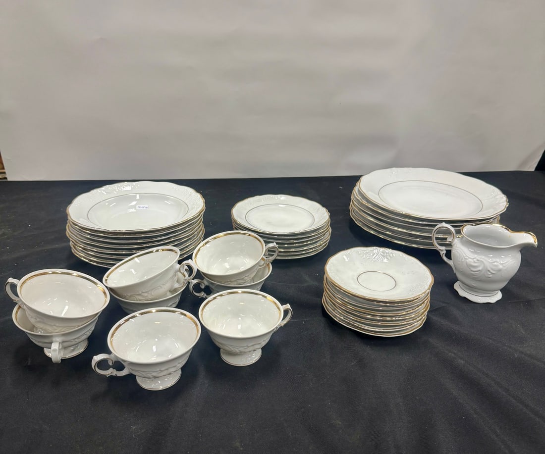 Waebrzych Polish Dinner Service (38): Cups (8) Saucers (8) Dinner Plates (6) Bowls (8) Desserts (7) a creamer. Thirty-Eight pcs in the lot.