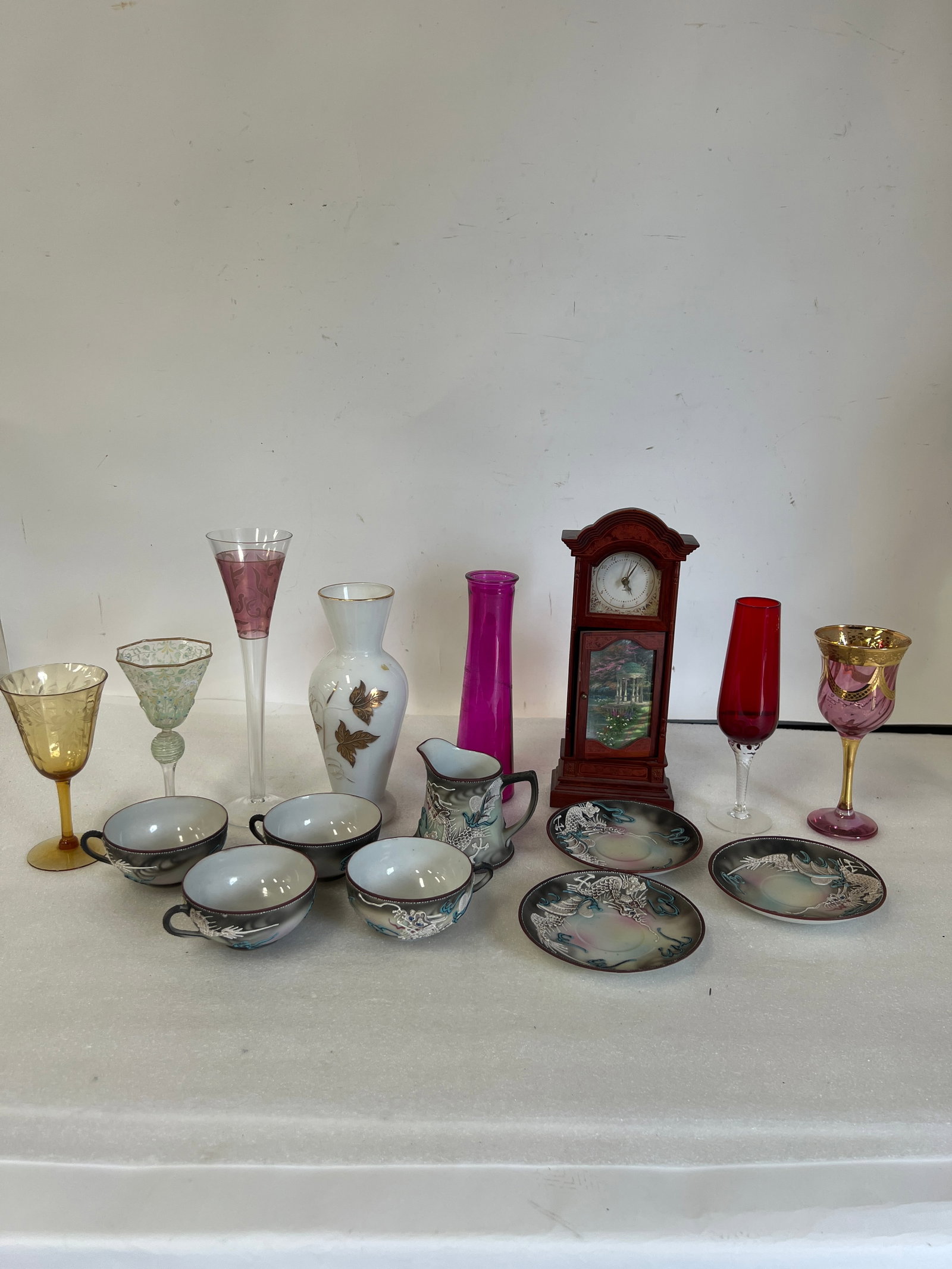 Large Collector's Lot of Antiques & Collectibles (16): Orientalia,glass including ruby and ruby gilt decorated; glass incl decorated and milk glass. Shelf clock. Large lot of antiques, great for dealer or shopkeeper. More than a dozen things in the lot.