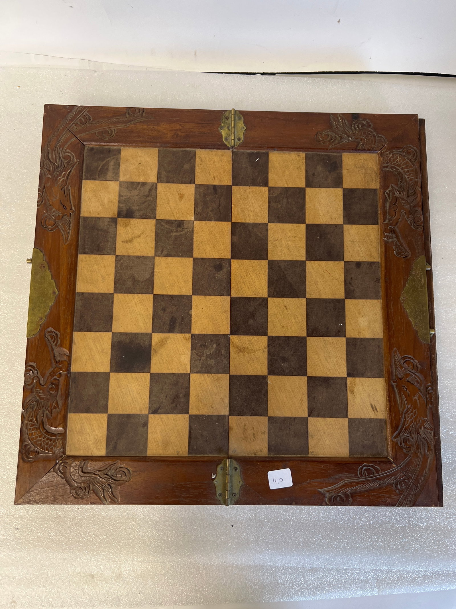 Vintage Chess Set With Parts: Includes carved wooden parts, as pictured. 18.25” squared