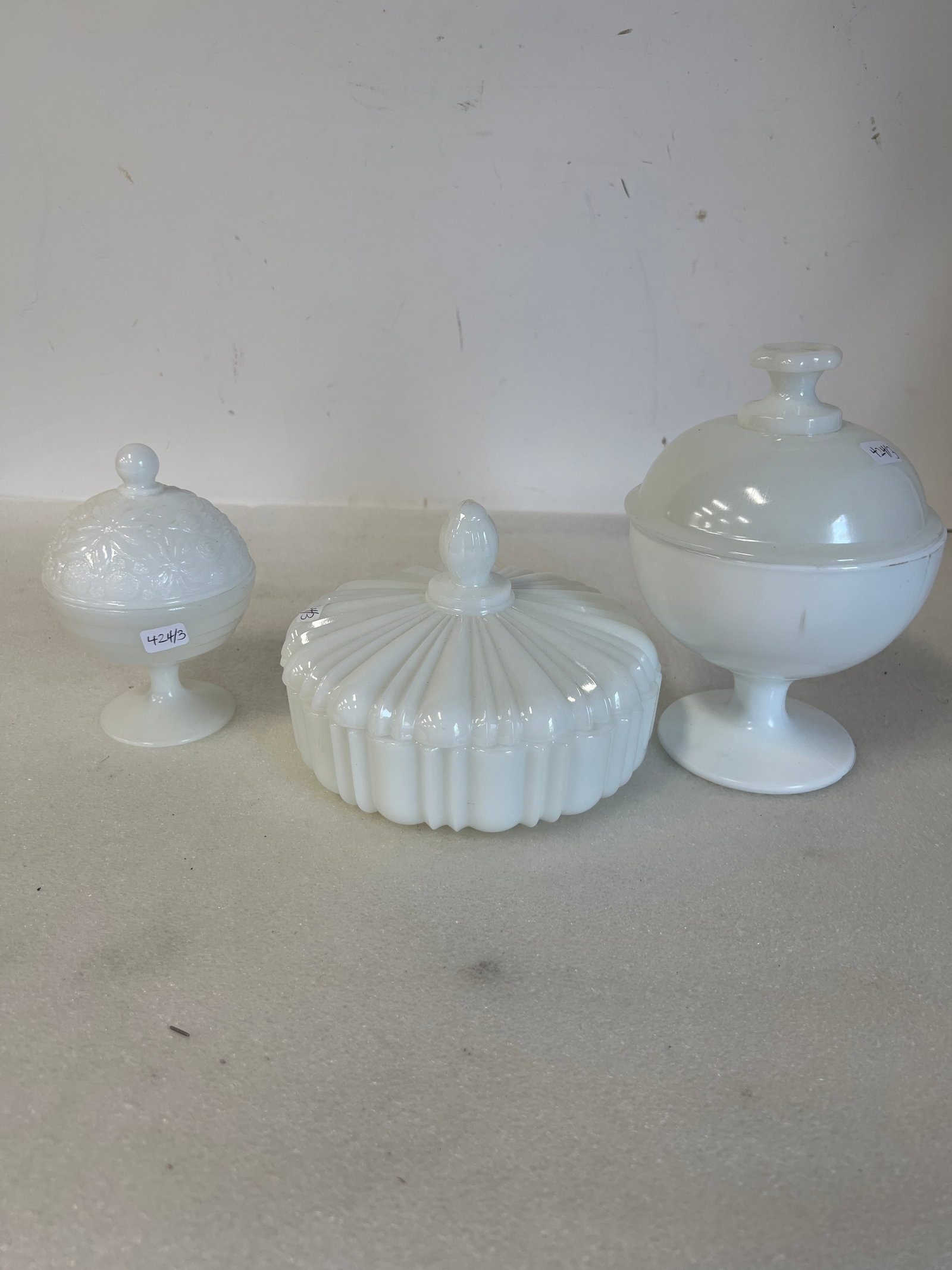 Collector or Dealer;s Lor of Vintage Milk Glass(3): Covered items Three in the lot. As pictured 7 1/2"H to 5 1/2"