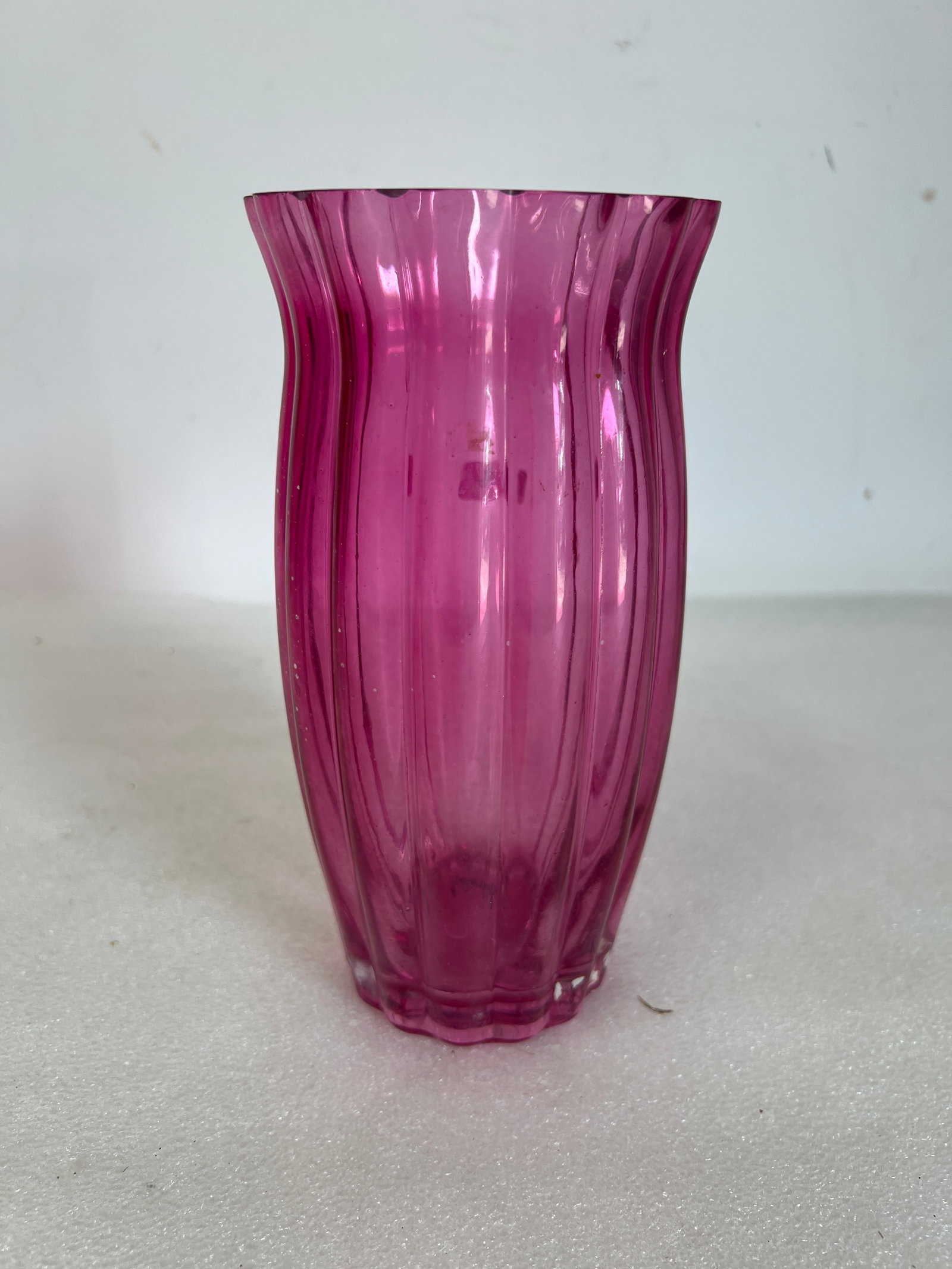 Art Glass Vase: Ribbed. Pink. as pictured. 8”H